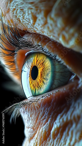 Close-Up of Elderly Eye with Vibrant Colors and Wrinkles photo