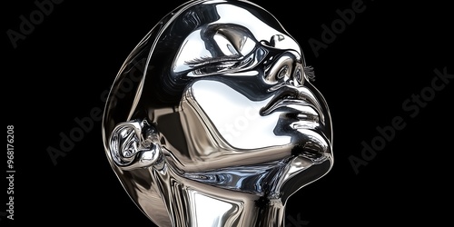 Reflective Chrome Human Head Sculpture Against Black Background photo