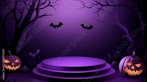 Halloween Stage with Glowing Pumpkins and Bats on Purple Background photo