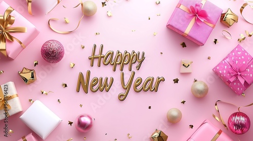 Happy New Year Banner with Pink and Gold Gifts and Confetti photo