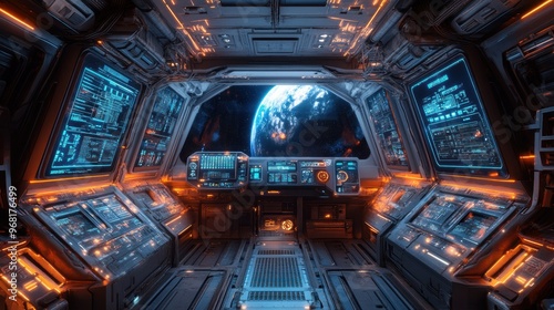 modern spaceship interior with see-through screens, interactive displays, and cutting-edge tech concept for banner design