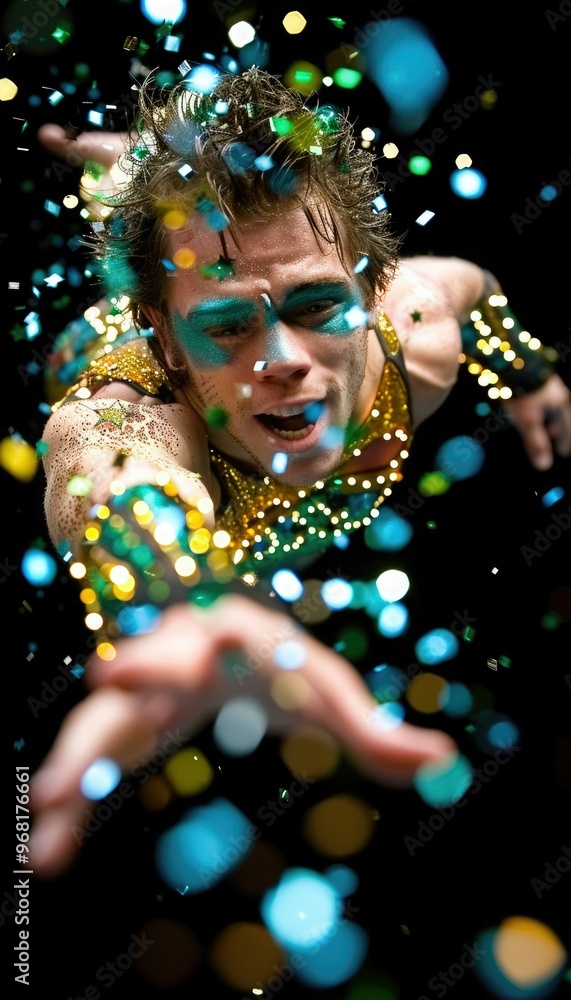 Dancer performing an energetic routine with vibrant sparkles in a dramatic setting at night Dancer performing an energetic routine with vibrant sparkles in a dramatic setting at night
