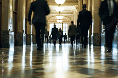 A busy hallway in government office with people walking creates dynamic atmosphere photo