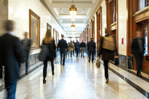 A busy hallway in government office with people walking, creating dynamic atmosphere