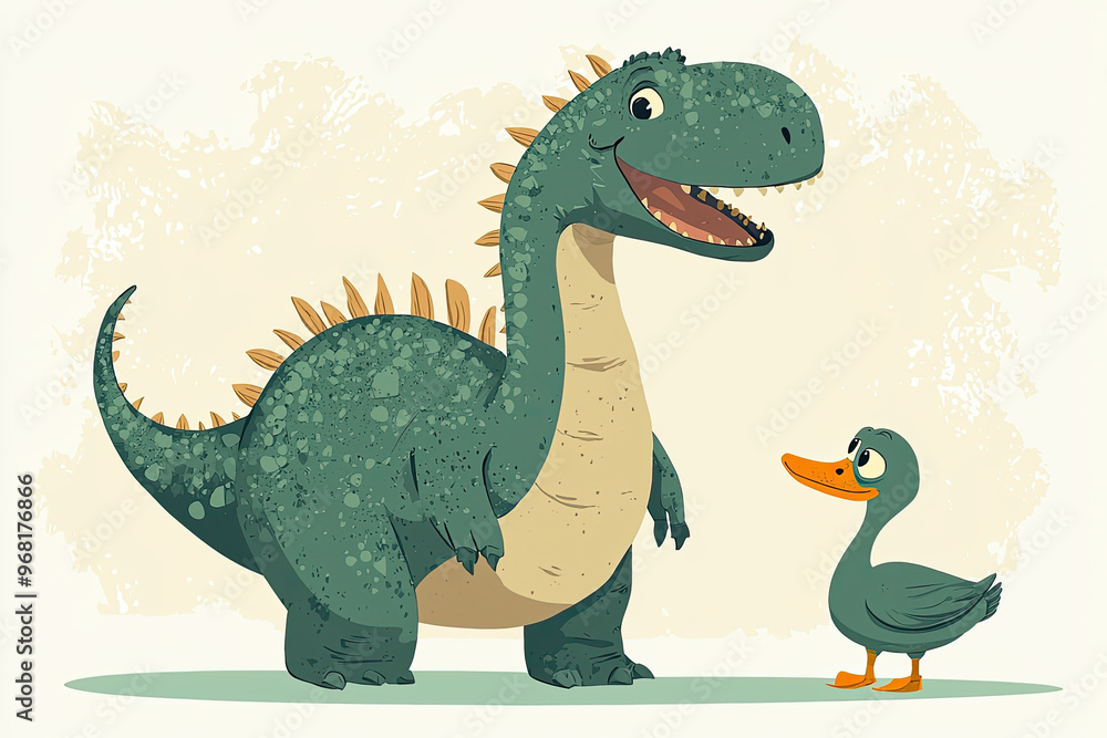 Obraz premium A cartoon style illustration of friendly dinosaur and duck
