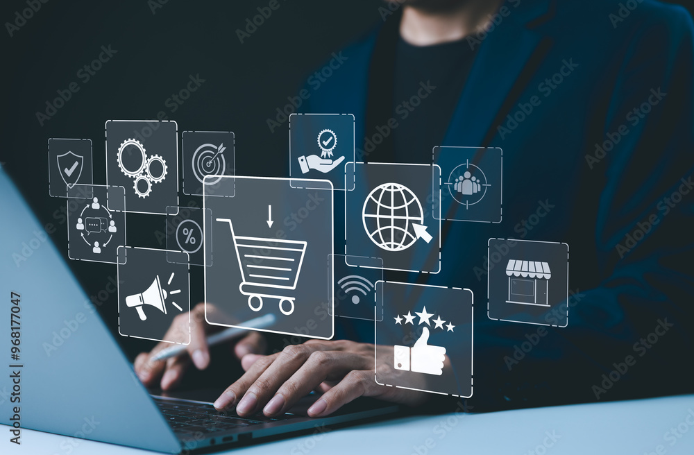 Shopping and E-commerce technology concept. A person using laptop with digital icons representing online shopping, global connectivity, marketing, customer reviews, and modern ecommerce technologies. Shopping and E-commerce technology concept. A person using laptop with digital icons representing online shopping, global connectivity, marketing, customer reviews, and modern ecommerce technologies.
