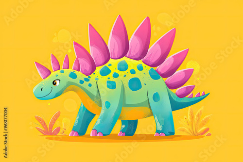 A cartoon style illustration of colorful Stegosaurus with vibrant spikes