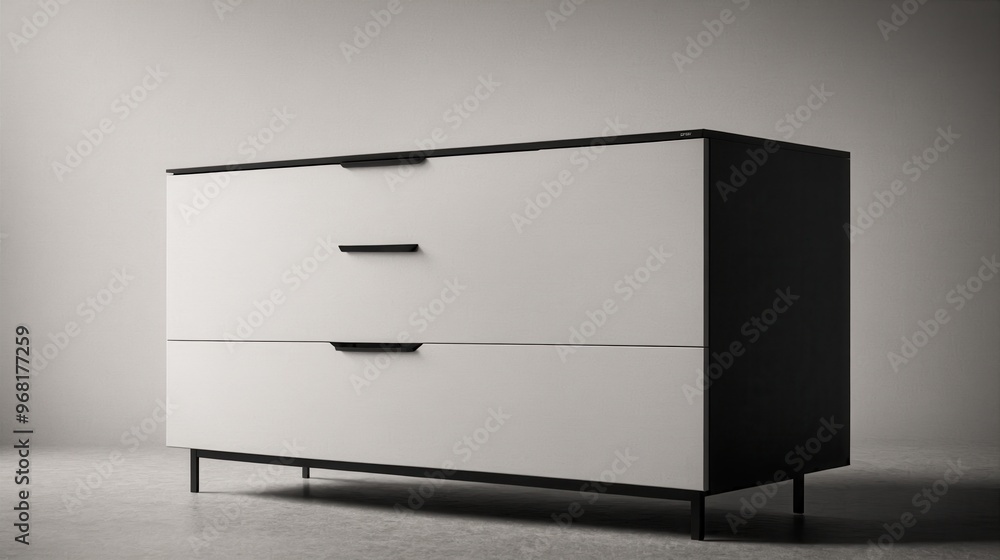 Generative AI, A minimalist interior design with a simple white cabinet adorned with a few black decorative objects, casting soft shadows on the wall in a black-and-white, sepia-toned photograph Generative AI, A minimalist interior design with a simple white cabinet adorned with a few black decorative objects, casting soft shadows on the wall in a black-and-white, sepia-toned photograph