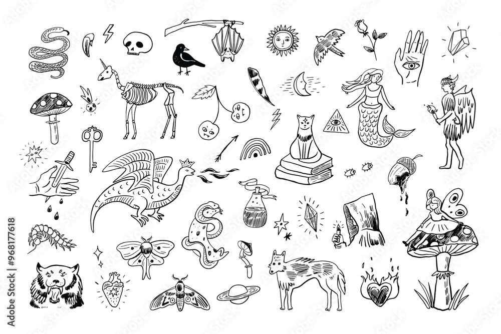 Mystical tale halloween illustrations line set. Mystical tale halloween illustrations line set.