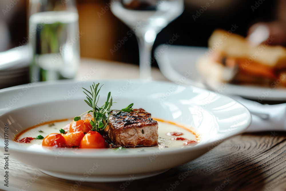 A gourmet meal featuring grilled meat, cherry tomatoes, and herbs A gourmet meal featuring grilled meat, cherry tomatoes, and herbs