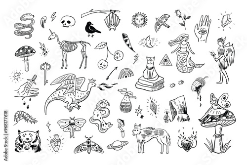 Mystical tale halloween illustrations line set.