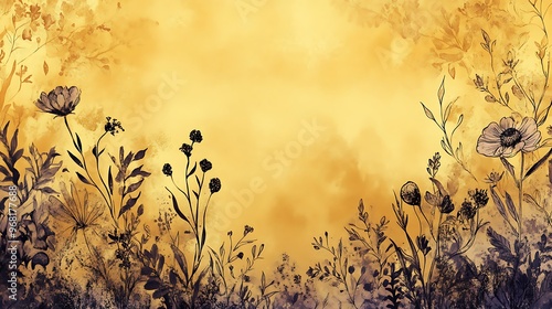 Spring floral in watercolor background. Luxury flower wallpaper with wild flowers, line art, golden texture. Elegant gold botanical illustration suitable for fabric, prints, cover. Generative Ai