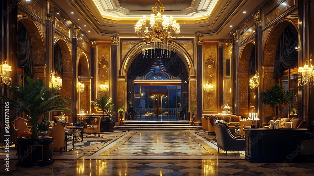 Obraz premium Softly lit hotel lobby offering a romantic and luxurious setting.