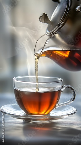 Hot Tea Being Poured into Glass Cup on Table photo