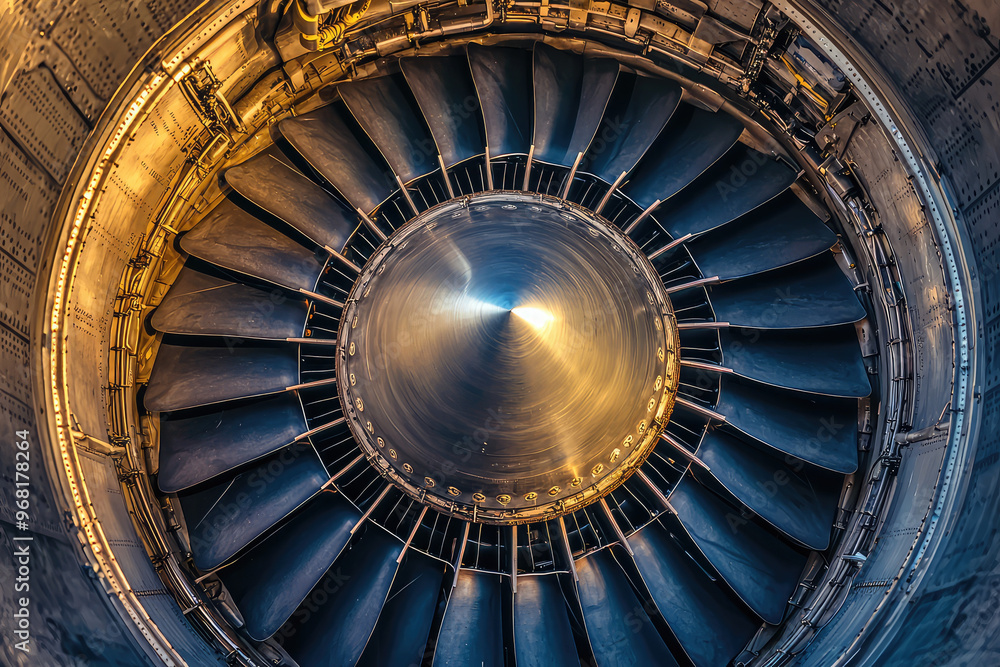 Fototapeta premium A close up of jet engine showcasing intricate turbine blades and metallic details