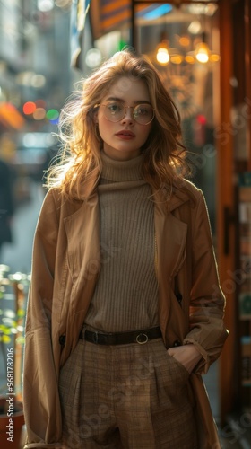 Blond woman with glasses and a tan coat standing in front of a store