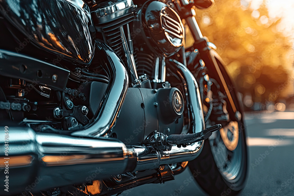 Fototapeta premium A close up of motorcycle engine showcasing intricate details and chrome finish