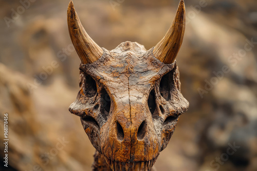 A close up of Majungasaurus skull with prominent horns, showcasing its unique features photo