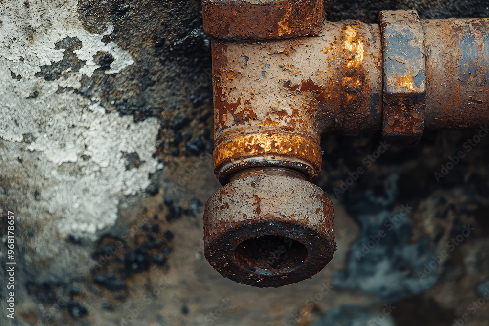A close up of rusty water pipe with leaks, showcasing its weathered texture and details A close up of rusty water pipe with leaks, showcasing its weathered texture and details