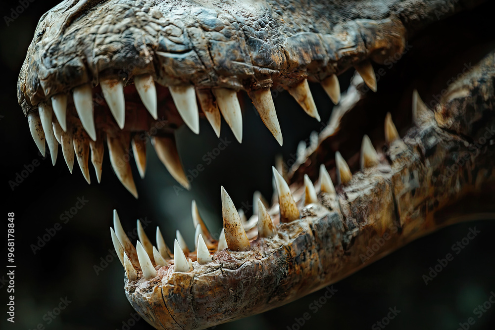 A close up of Suchomimus showcasing its long jaws and sharp teeth, evoking sense of prehistoric power A close up of Suchomimus showcasing its long jaws and sharp teeth, evoking sense of prehistoric power
