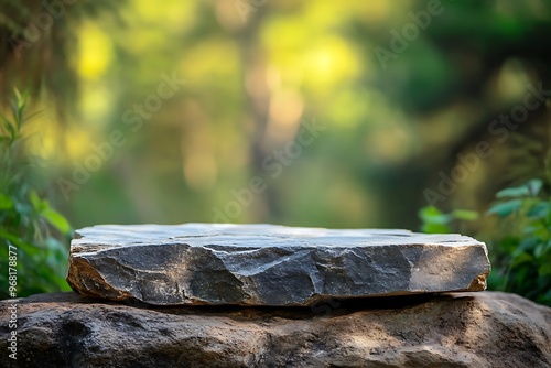 stone podium mockup with blurry background nature forest. Generative Ai