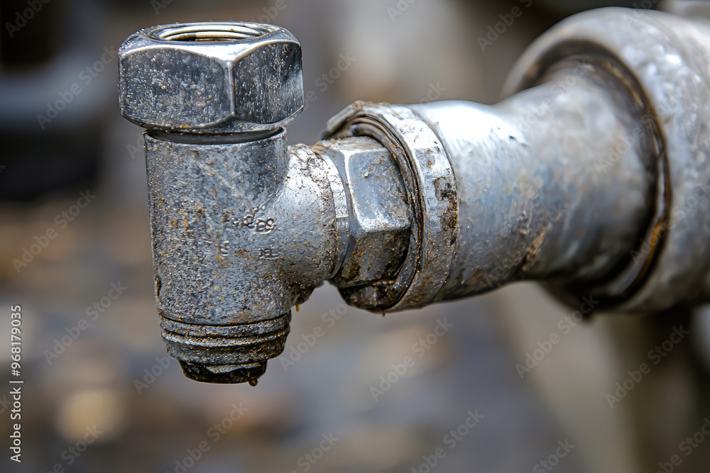 A close up of water pipe fitting with wrench, showcasing intricate details and textures A close up of water pipe fitting with wrench, showcasing intricate details and textures