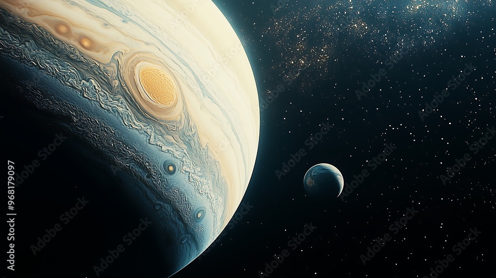 Beautiful View of Jupiter and Its Moon in Outer Space Beautiful View of Jupiter and Its Moon in Outer Space