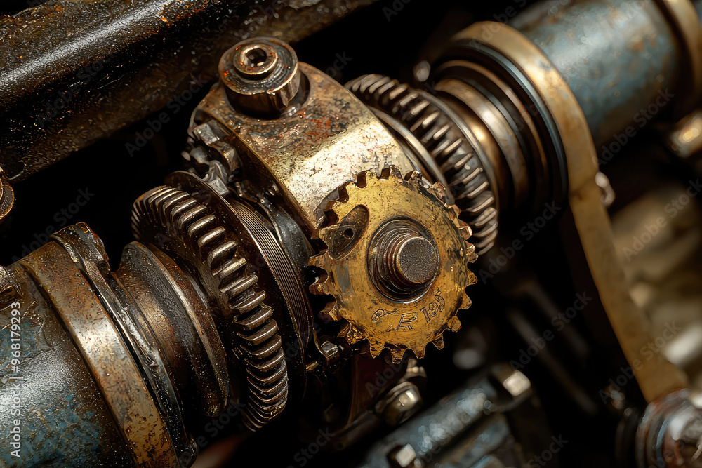 A close up of an engines camshaft and timing gears, showcasing intricate details