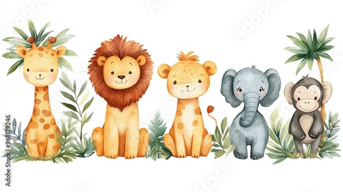 Watercolor safari animals including lions, giraffes, elephants, and monkeys with tropical leaves. Ideal for children's room decor, educational projects, or jungle-themed marketing with ample copyspace photo