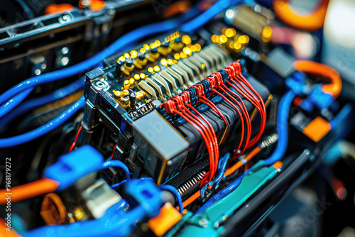 A close up of an engine control unit (ECU) with vibrant wiring, showcasing intricate details photo