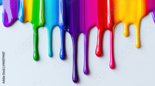 Colorful paint is dripping down a white background, creating an abstract and artistic visual