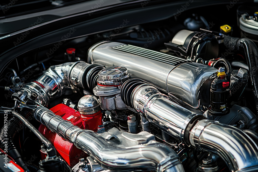 A detailed view of turbocharged engine showcasing its intricate design and performance features A detailed view of turbocharged engine showcasing its intricate design and performance features