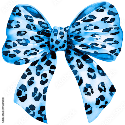 Blue Leopard Print Watercolor Bow PNG, Cheetah Bow Clipart