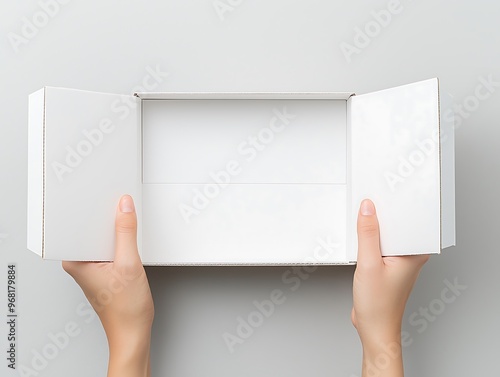 Hands Holding an Open White Box on Minimalist Background photo