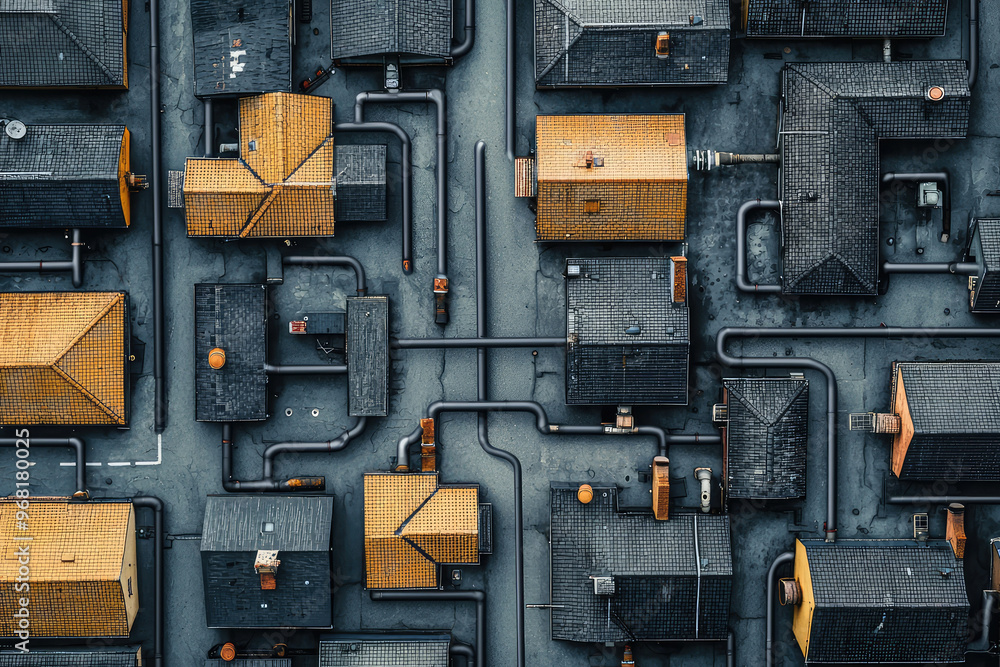 Aerial view of residential area with houses and water pipes Aerial view of residential area with houses and water pipes