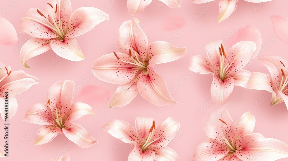 A seamless floral pattern featuring light pink lilies on a pink background A seamless floral pattern featuring light pink lilies on a pink background