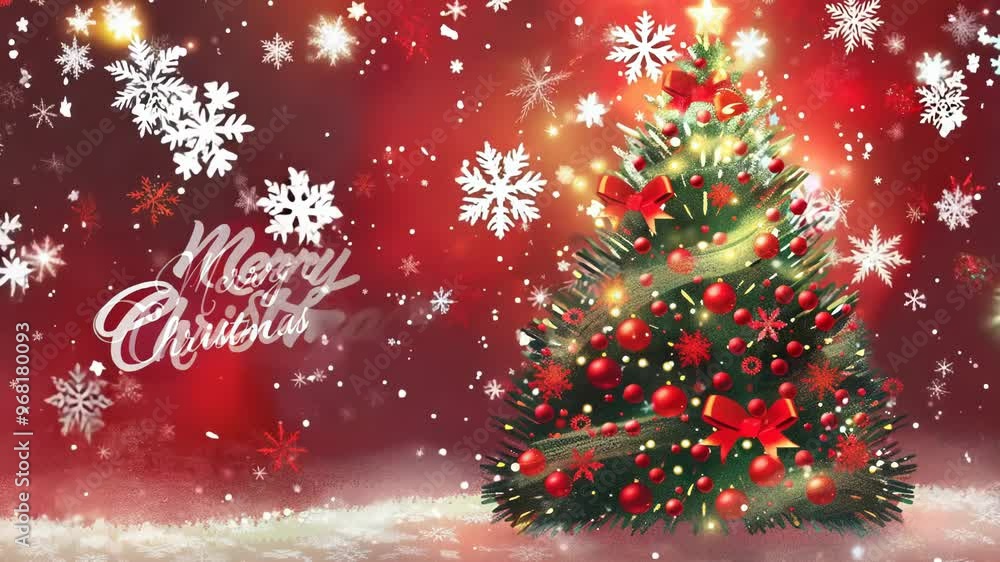 A Christmas tree with decorations, a red background with falling snow and snowflakes A Christmas tree with decorations, a red background with falling snow and snowflakes