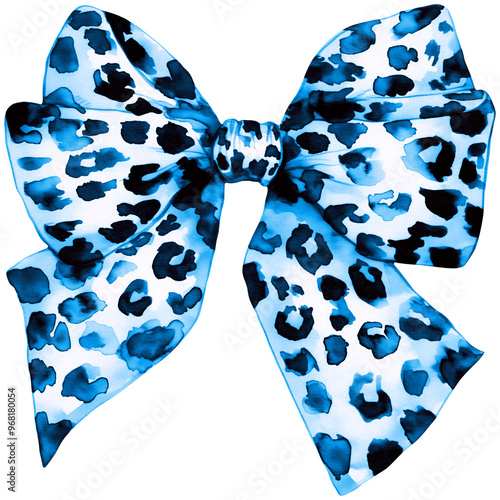 Blue Leopard Print Watercolor Bow PNG, Cheetah Bow Clipart