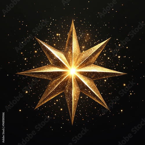 A shimmering golden star with a radiant center, surrounded by sparkling particles.