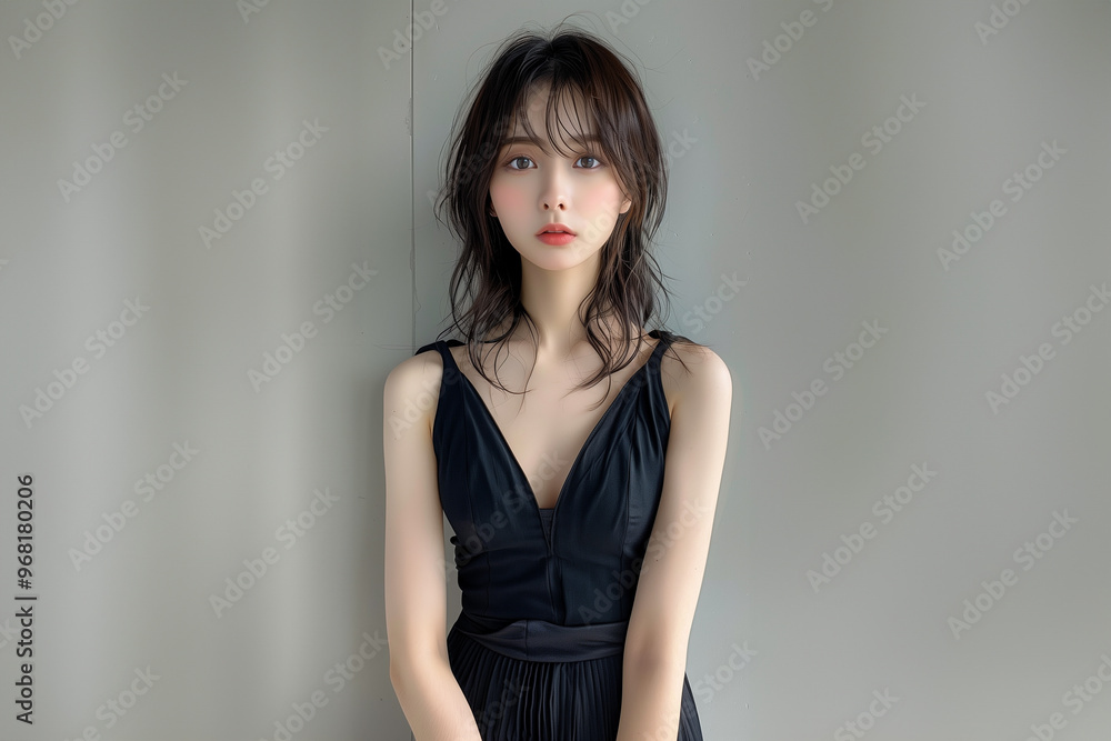 シンプルで大人っぽいブラックドレスの美人 シンプルで大人っぽいブラックドレスの美人