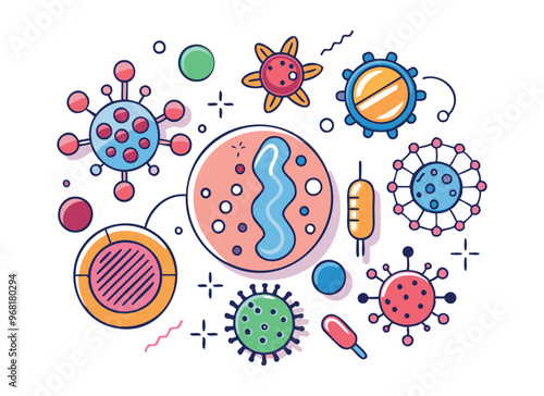 Colorful Vector Illustration of Virus and Bacteria Icons - Medical Microbiology Cartoons