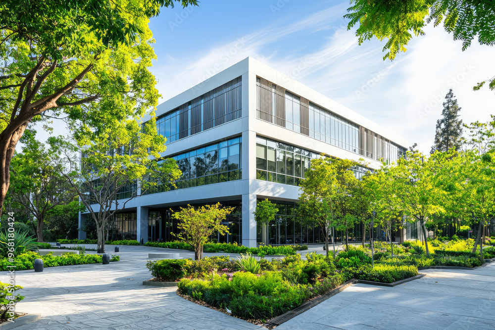 A modern government office building surrounded by lush greenery and trees A modern government office building surrounded by lush greenery and trees
