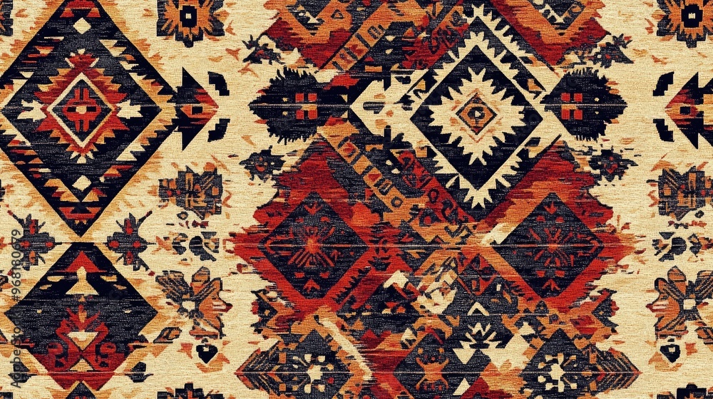 Abstract ethnic rug with an ornamental seamless pattern Ideal for fashion textile design charming themed fabrics wallpaper wrapping paper and home decor Features a geometric design Abstract ethnic rug with an ornamental seamless pattern Ideal for fashion textile design charming themed fabrics wallpaper wrapping paper and home decor Features a geometric design