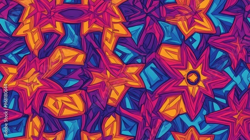 Abstract colorful seamless pattern featuring intricate interconnected ornamental stars and a detailed square grid perfect for various fabrics prints or creative applications in vibrant hues