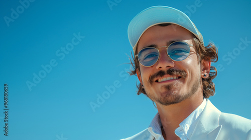 Young man in light blue tuxedo and cap, smiling, under clear sky. photo