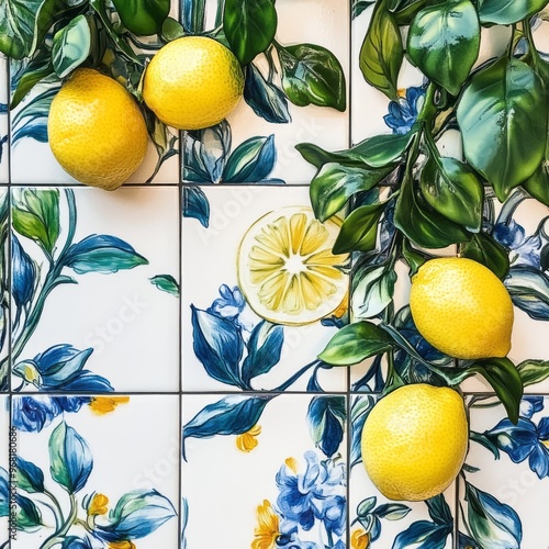 Classic Vietri tile from the Amalfi Coast, Italian, with lemons and decorations photo