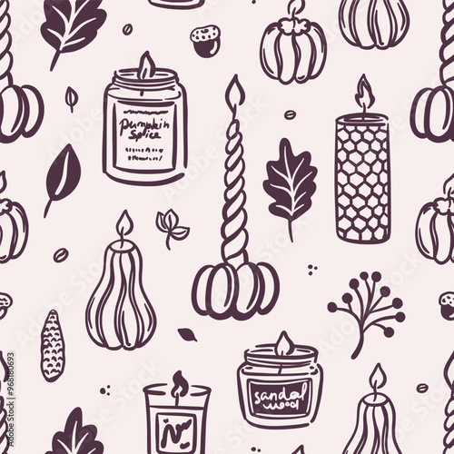 Seamless pattern of hand-drawn pumpkin and scented candles and leaves on a beige background. Autumn and cozy home decor. Hygge concept. Fall vector design for textile, wallpaper, wrapping paper.