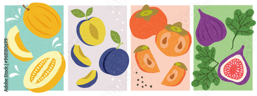 A beautiful collection of hand made, colorful fruit: yellow melon, prunes and persimmon. Vector illustration. Perfect for print or digital.