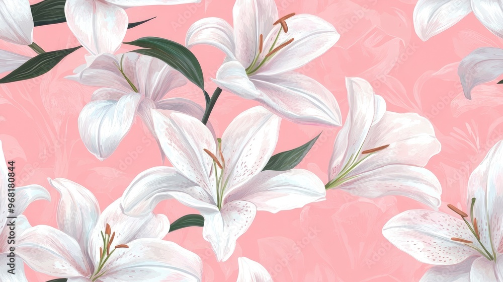 A seamless floral pattern featuring light pink lilies on a pink background A seamless floral pattern featuring light pink lilies on a pink background