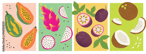Tropical fruit Illustrations: papaya, dragon fruit and passion fruit. 